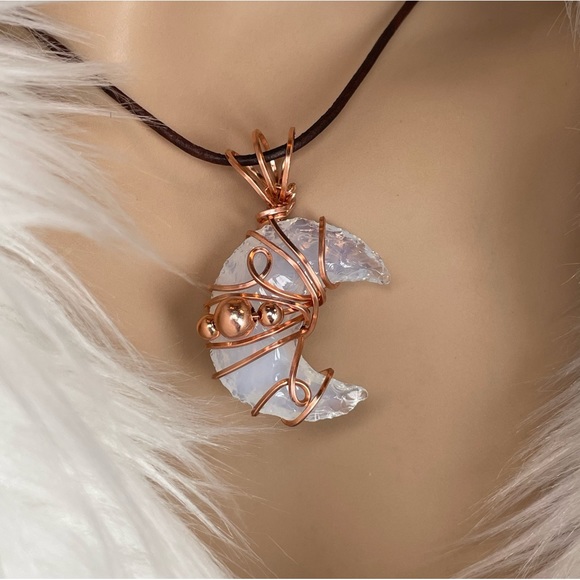 Genuine Opalite Crescent Moon Copper Wrap Leather Cord Boho Style - Picture 3 of 17